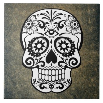 Black & White Sugar Skull Slate Tile by BlackBrookHome at Zazzle