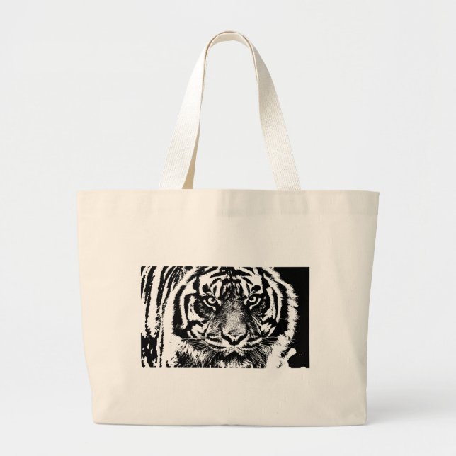 Black White Sumatran Borneo Tiger Eye Artwork Large Tote Bag (Front)