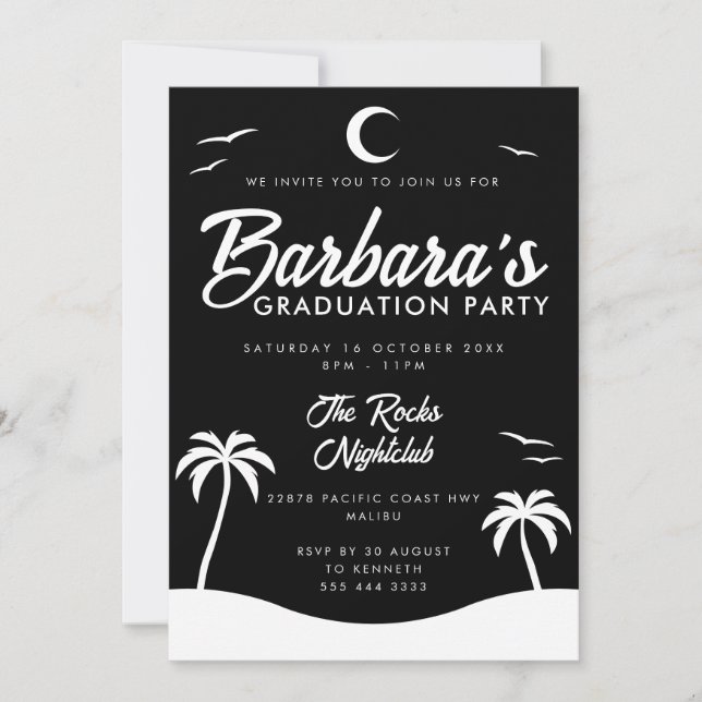 Black White Summer Night Beach Graduation Party Invitation (Front)