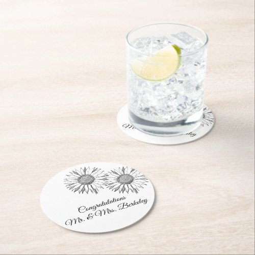 Black White Sunflower Paper Coasters for Weddings