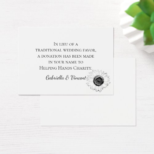 Black White Sunflower Wedding Charity Favor Card