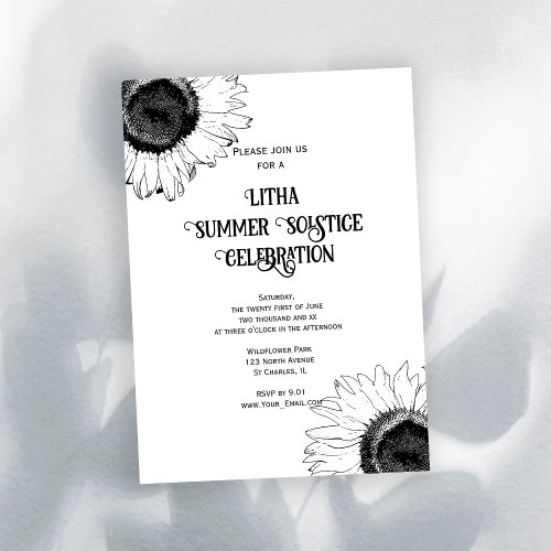Black White Sunflowers Litha Summer Solstice Party Invitation