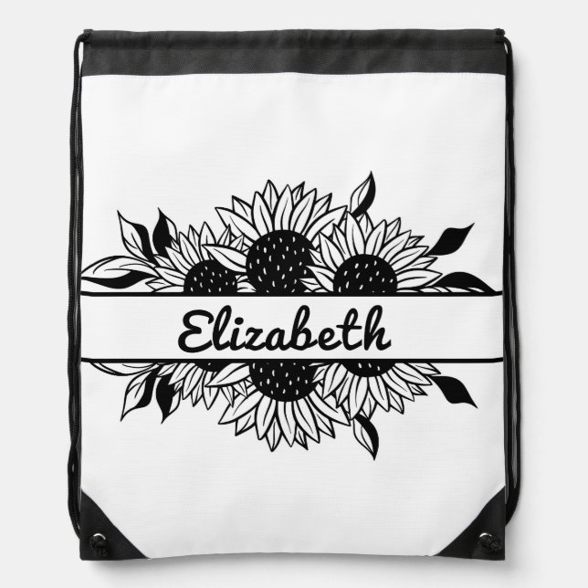 Black & White Sunflowers Personalized Drawstring Bag (Front)