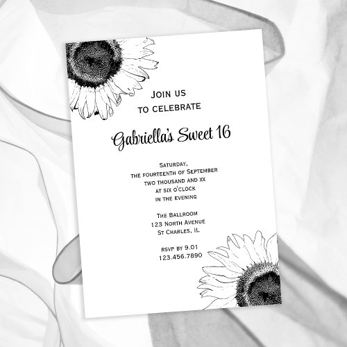 Black and White Sunflower Sweet 16 Invitation