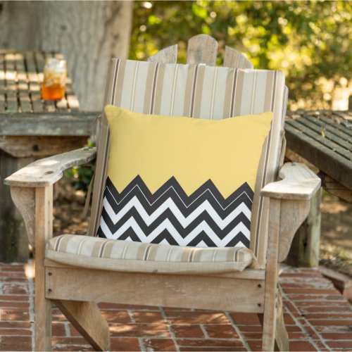 Black White Sunny Yellow Zigzag Chevron Pattern Outdoor Pillow