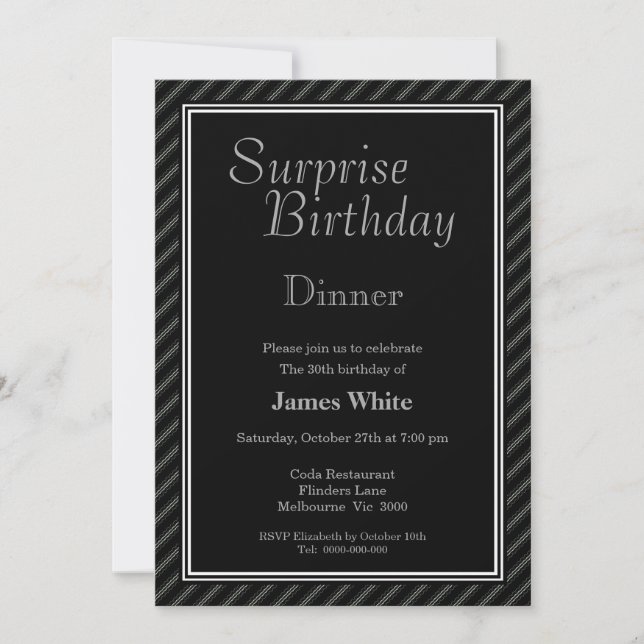 Black & White Surprise 30th Birthday Dinner Invitation (Front)