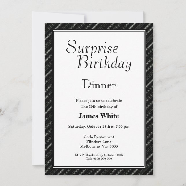Black & White Surprise 30th Birthday Dinner Invitation (Front)