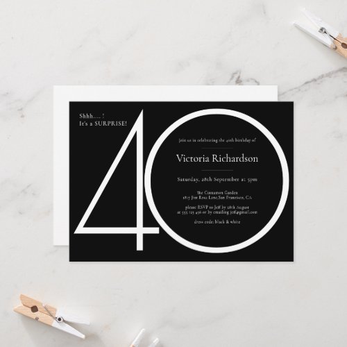 Black White Surprise 40th Birthday Chic Custom