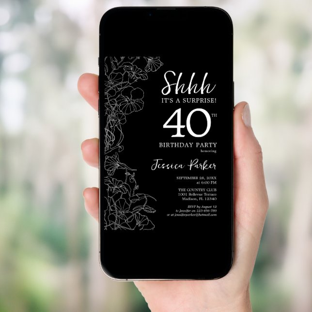 Black White Surprise 40th Birthday Invitation (Front Digital)
