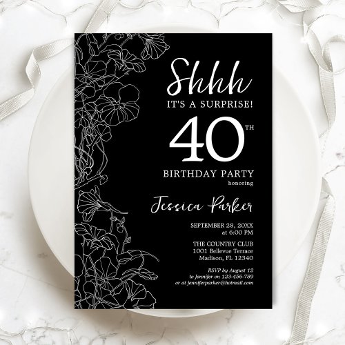 Black White Surprise 40th Birthday Invitation