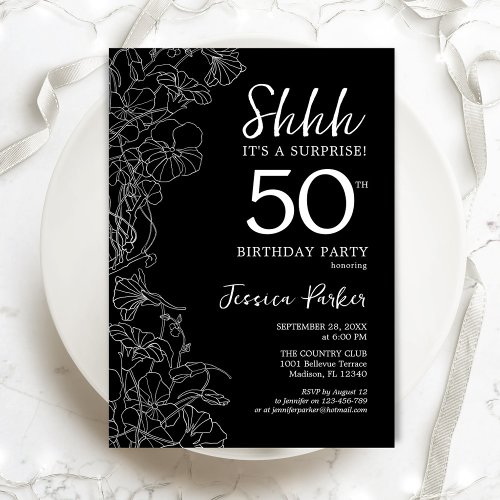 Black White Surprise 50th Birthday Invitation