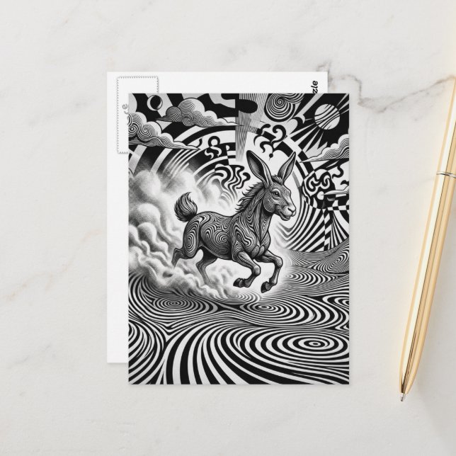 Black White Surreal Fantasy Rabbit Horse Critter Postcard (Front/Back In Situ)