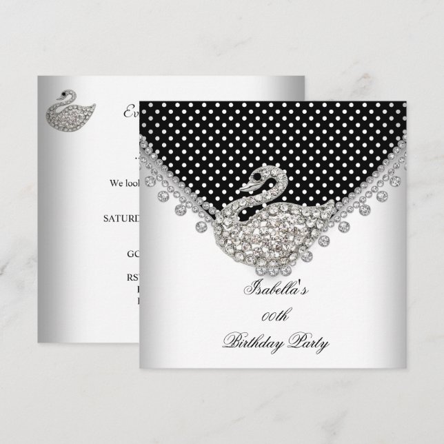 Black White Swan Elegant Birthday Party Invitation (Front/Back)