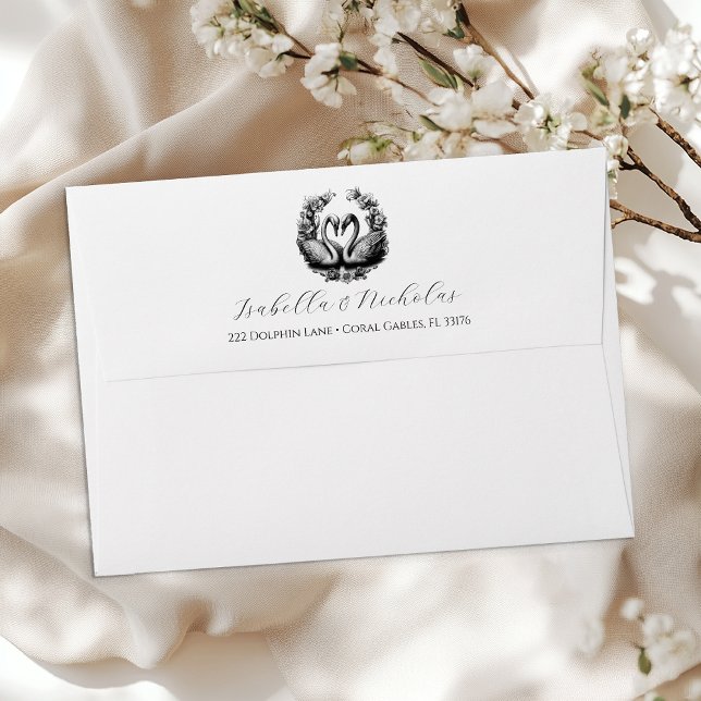 Black & White Swan Return Address Envelope (Romantic Black and White Envelope)
