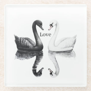 Black White Swans Birds Reflection Glass Coaster