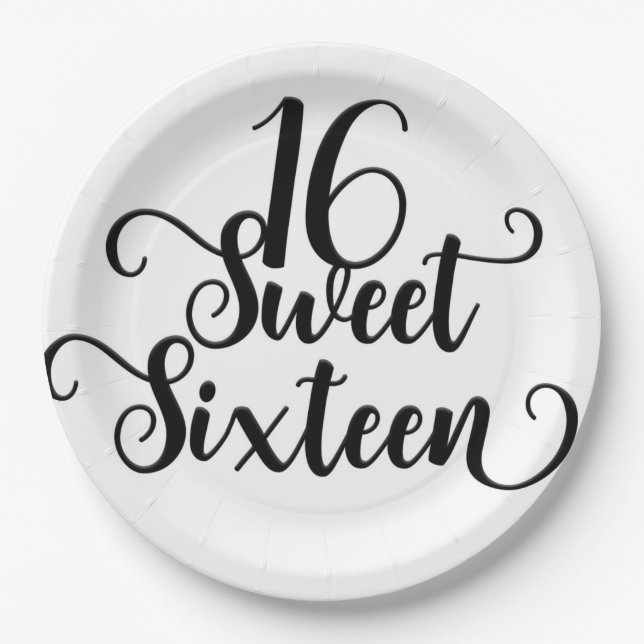 Black & White Sweet 16 Birthday Party  Paper Plates (Front)
