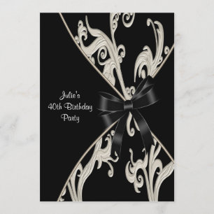 Black White Swirl 40th Birthday Party Invitation