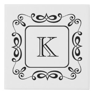 Black White Swirl Flourish Initial Monogram Faux Canvas Print