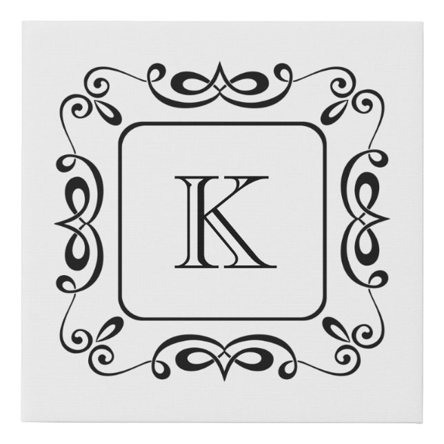 Black White Swirl Flourish Initial Monogram Faux Canvas Print (Front)