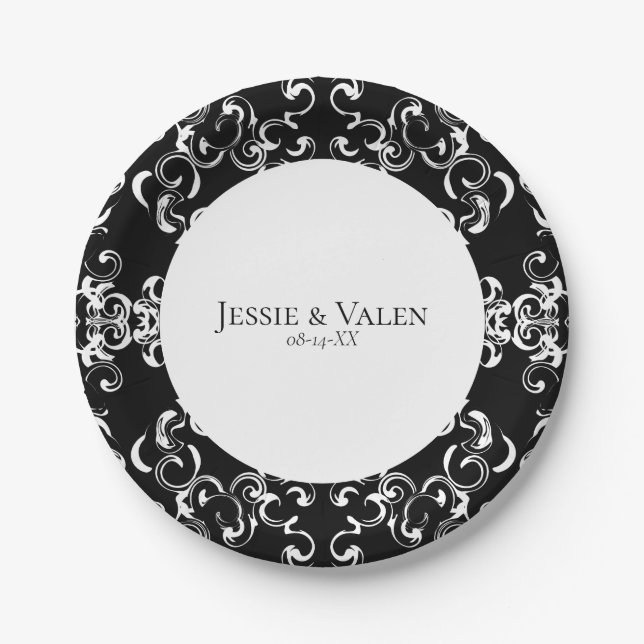 Black & White Swirl Gothic Wedding Paper Plates (Front)