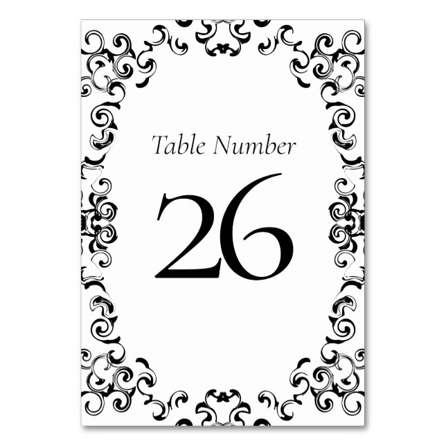 Black & White Swirl Gothic Wedding Table Number (Back)