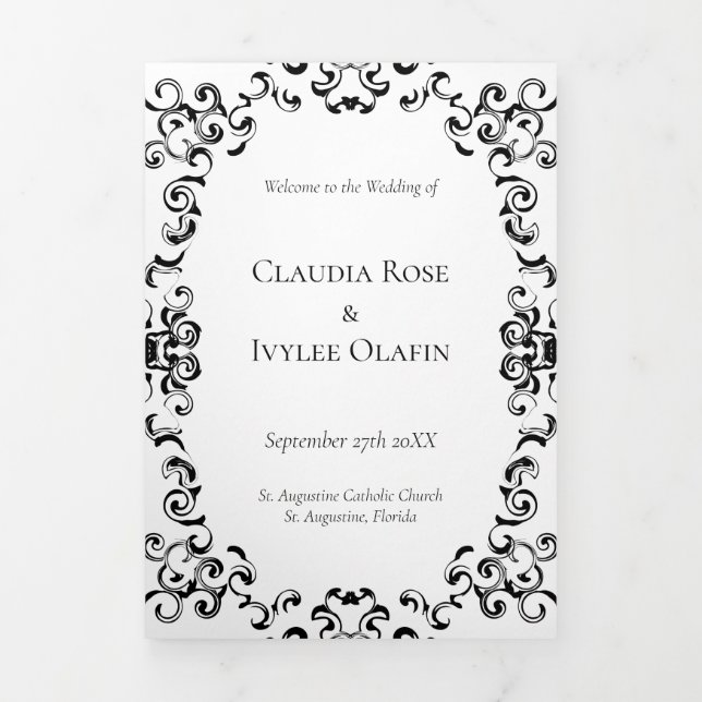 Black & White Swirl Gothic Wedding Tri-Fold Program (Cover)