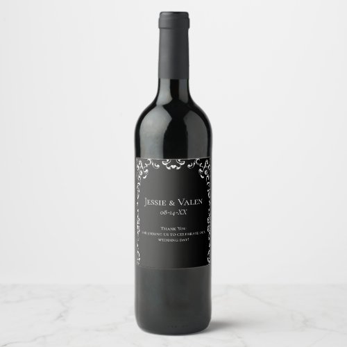 Black  White Swirl Gothic Wedding Wine Label