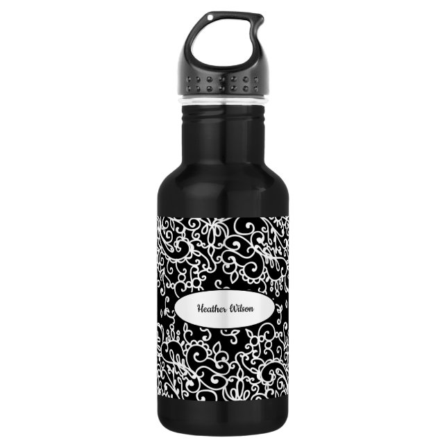 Black White Swirl Water Bottle with Name (Front)