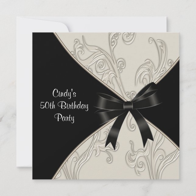 Black White Swirl Womans 50th Birthday Party Invitation (Front)