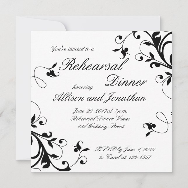 Black White Swirls Rehearsal Dinner Invitation (Front)