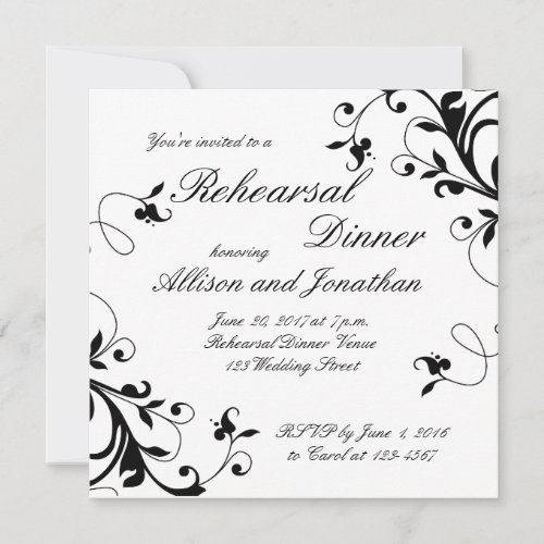 Black White Swirls Rehearsal Dinner Invitation