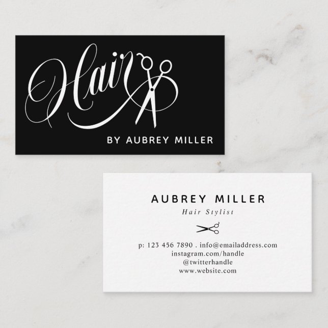 Black White Swirly Script Scissors Hair Stylist Business Card (Front/Back)