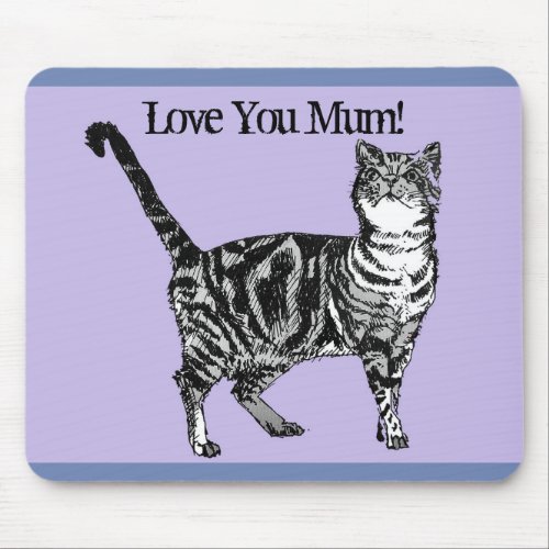 Black  White Tabby Cat Love Mum Mouse Mat Purple