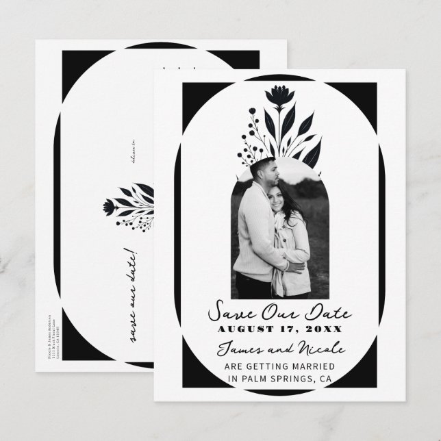Black & White Tall Floral Modern Save the Date Announcement Postcard (Front/Back)