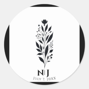 Black & White Tall Floral Modern Vintage Wedding Classic Round Sticker