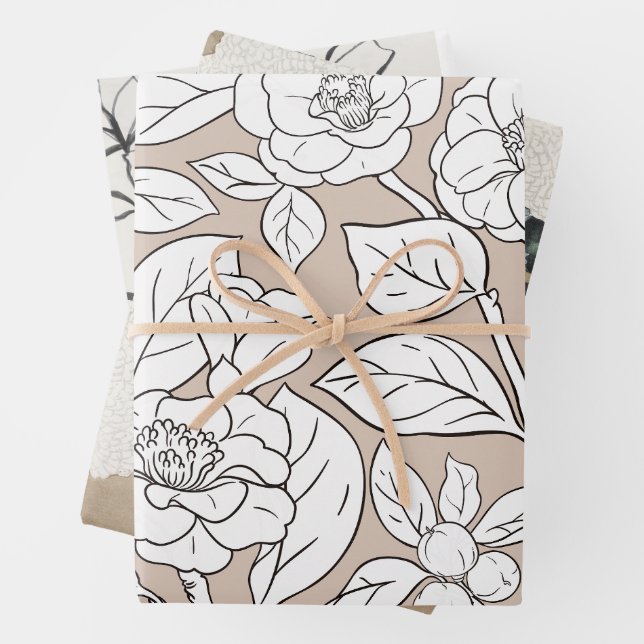 Black, White & Tan Flowers Collage Wrapping Paper Sheets (In situ)