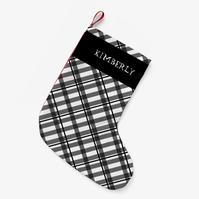 Black White Tartan Buffalo Plaid Name Custom Small Christmas Stocking (Front (Hanging))