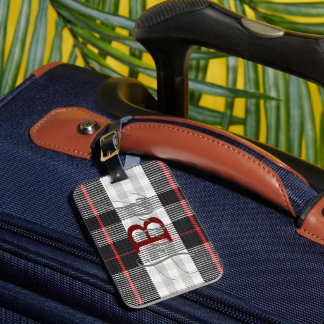 Black & White Tartan Checkered Monogram Name Luggage Tag