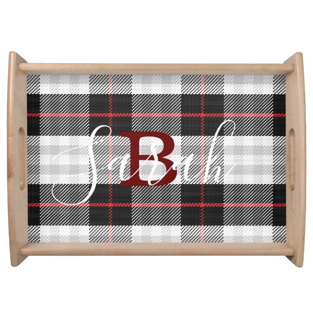 Black & White Tartan Checkered Monogram Name Serving Tray (Front)