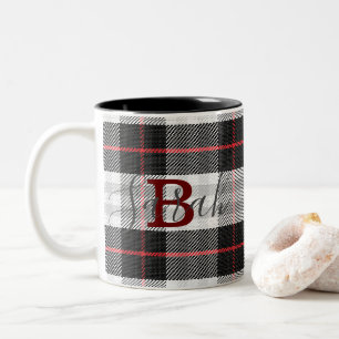 Black & White Tartan Checkered Monogram Name Two-Tone Coffee Mug