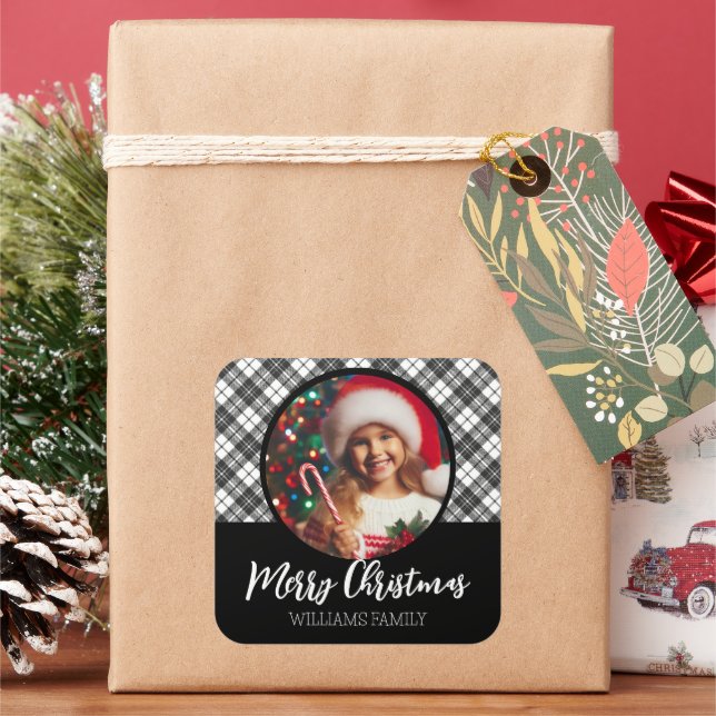 Black white tartan Christmas Custom photo name Square Sticker (Holiday)