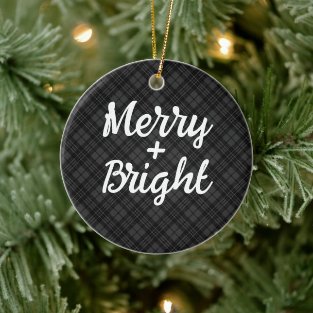 Black white tartan Christmas Merry and bright Ceramic Ornament (Tree)