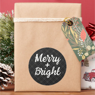 Black white tartan Christmas Merry bright Classic Round Sticker