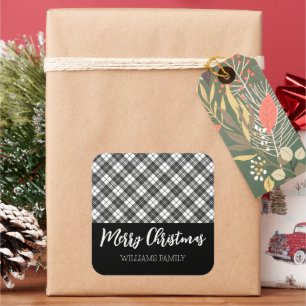 Black white tartan Merry Christmas Custom name Square Sticker