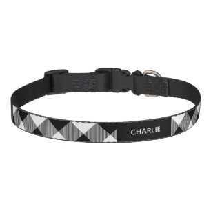 Black White Tartan Plaid Custom Name Pet Collar