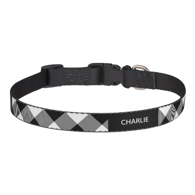 Black White Tartan Plaid Custom Name Pet Collar (Front)