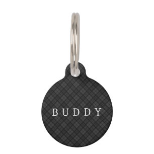 Black white tartan plaid winter pattern Pet name Pet ID Tag