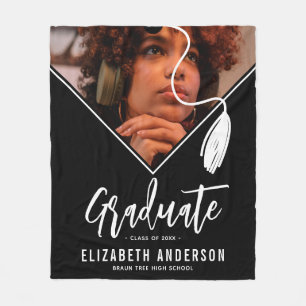 Black White Tassel Cap Photo Graduation Fleece Blanket