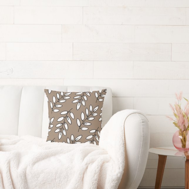 Black, White & Taupe Hand Drawn Leaves Pattern    Throw Pillow (Couch)