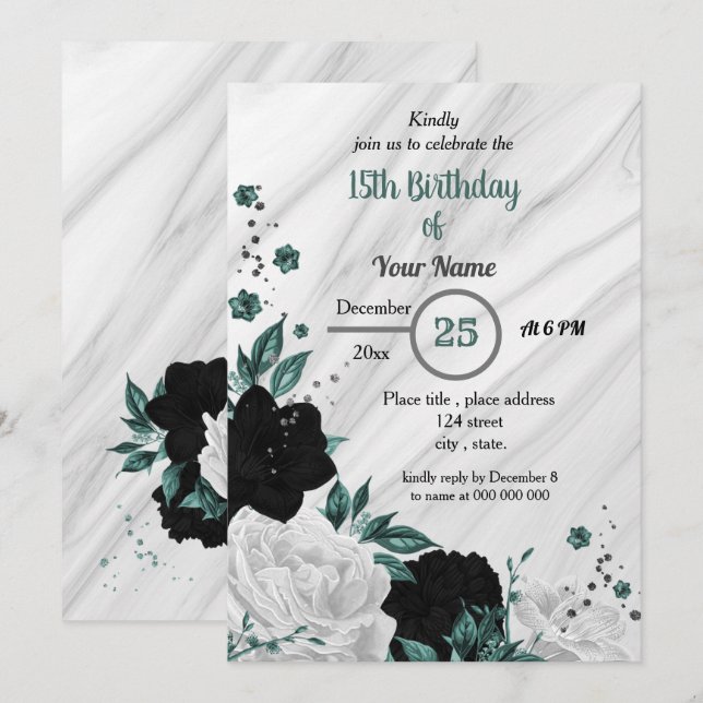 Black white & teal blue floral birthday party invitation (Front/Back)